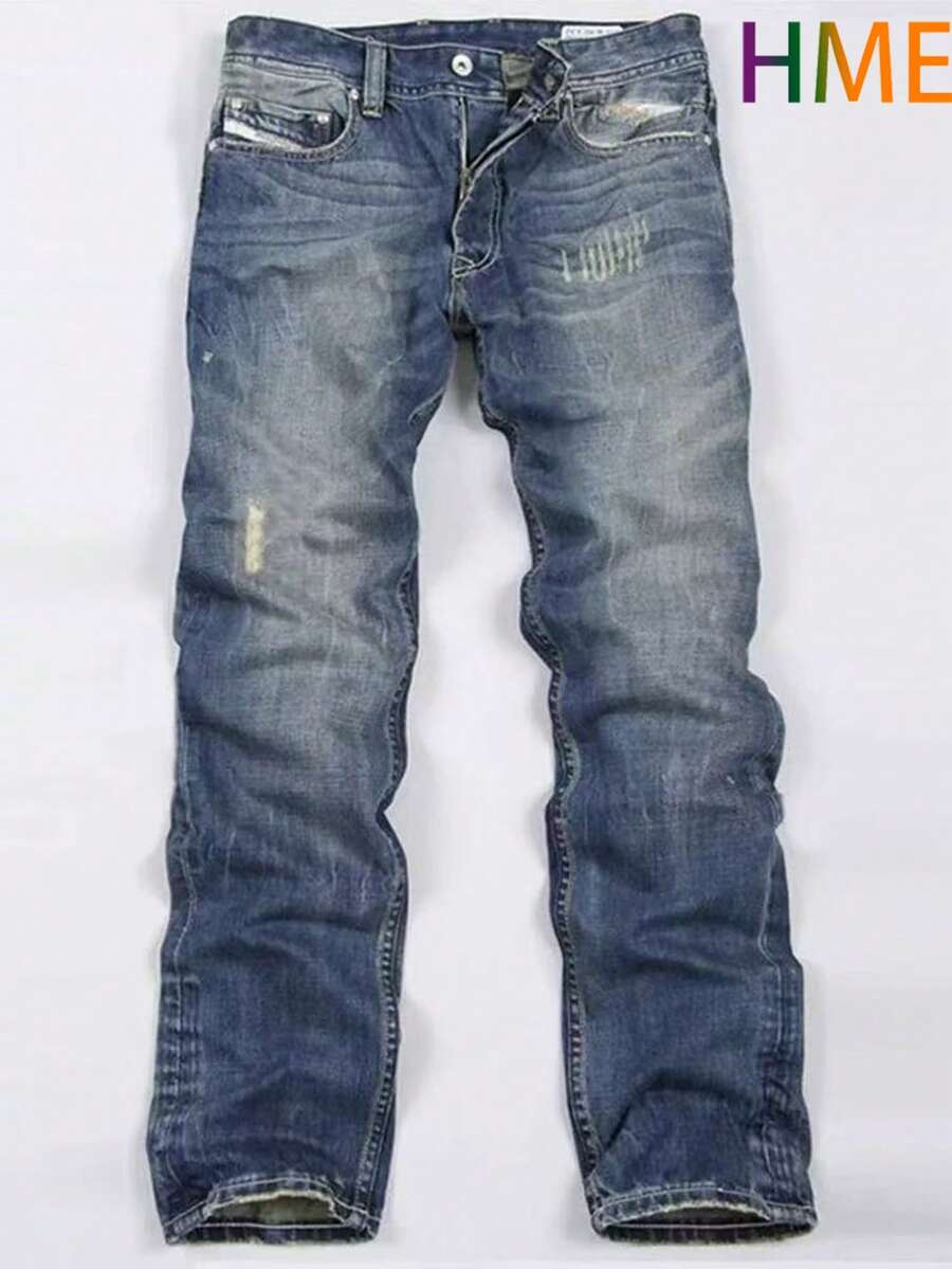 235 Minimalist Casual Men's Jeans Fall/Winter New Arrival Heavyweight Denim Trousers Retro Washed Lightning Pattern Natural Faded White Finish Mid-Rise Design With Contoured Cut Stretch Denim Fabric, Machine Washable Built-In YKK Zipper Closure All-Season Wear Suitable For Business Or Casual Occasions Fashionable Vintage-Inspired Men's Jeans - 藏蓝色 - 查看 1