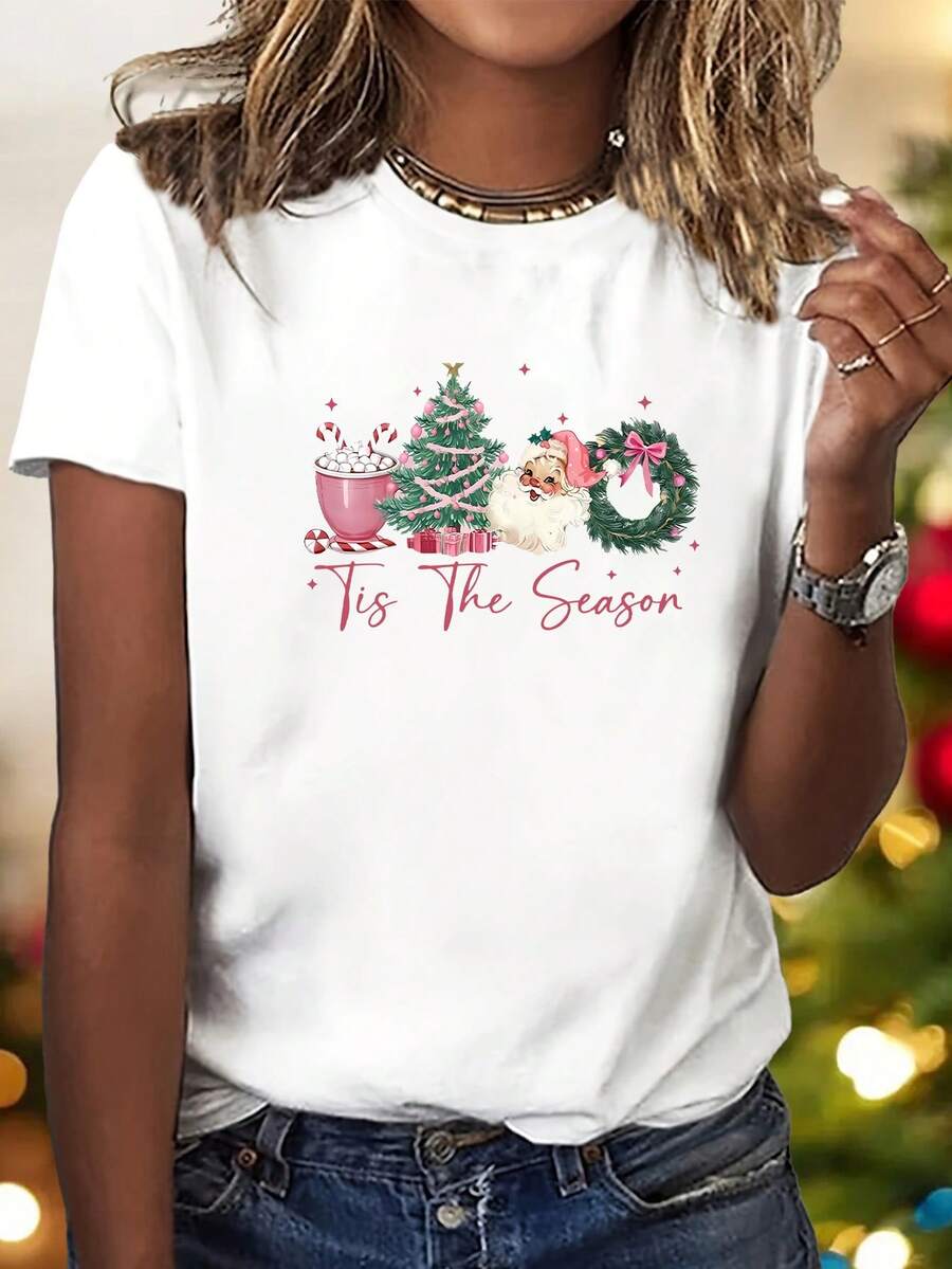 Camiseta elegante de Navidad para mujer con estampado de Papá Noel y renos - con letras rojas y doradas, tejido suave y elástico, top casual de manga corta y cuello redondo - Blanco - Ver 1