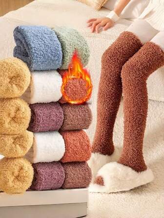 Premium överkneesockor för kvinnor - Tjocka varma utomhusstrumpor med termofoder, tvättbar enfärgad design, moderiktiga fuzzysockor, mjukt tyg för kallt väder, höst-/vintertillbehör