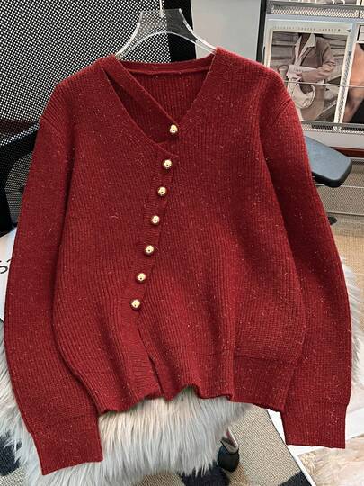 Chaqueta de punto versátil con diseño minimalista, elegante y de moda, con botones asimétricos y malla brillante para otoño/invierno