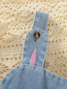 1pc Baby Girl Casual Cute Rabbit Embroidery Denim Bib Dress, Light Blue, Spring/Summer/Autumn - Blue - View 3