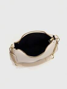 2025新款时尚经典百搭字母图案纯色PU皮革新月形单肩/腋下包，Y2K风格单肩/腋下包，适合购物，可斜挎 - 白色 - 查看 4