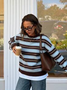 女士圆领多色条纹长袖针织衫，春季新款休闲日常上衣，新年嘉年华风格毛衣 - 彩色 - 查看 3