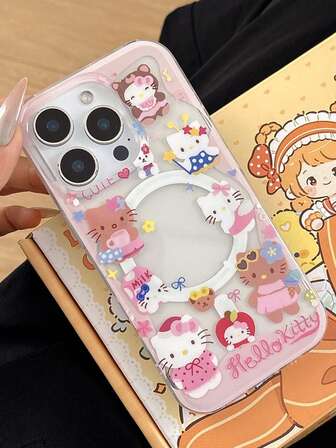 Sanrio 1个透明磁吸手机壳，采用美白牛奶Hello Kitty图案，方便、时尚、可爱卡通防摔保护套，适用于 17/ 17 Pro Max/ 16 Pro Max/ 15 Pro/ 14/ 13/12，可作为圣诞礼物送给家人、朋友、姐妹、女友。