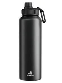 Powcan 40oz insulated stainless steel sports water bottle with spout and handle lid, wide-mouth bottle, double-wall stainless steel, leak-proof design, suitable for sports, outdoors, travel, school, and office - 黑色 - 查看 2