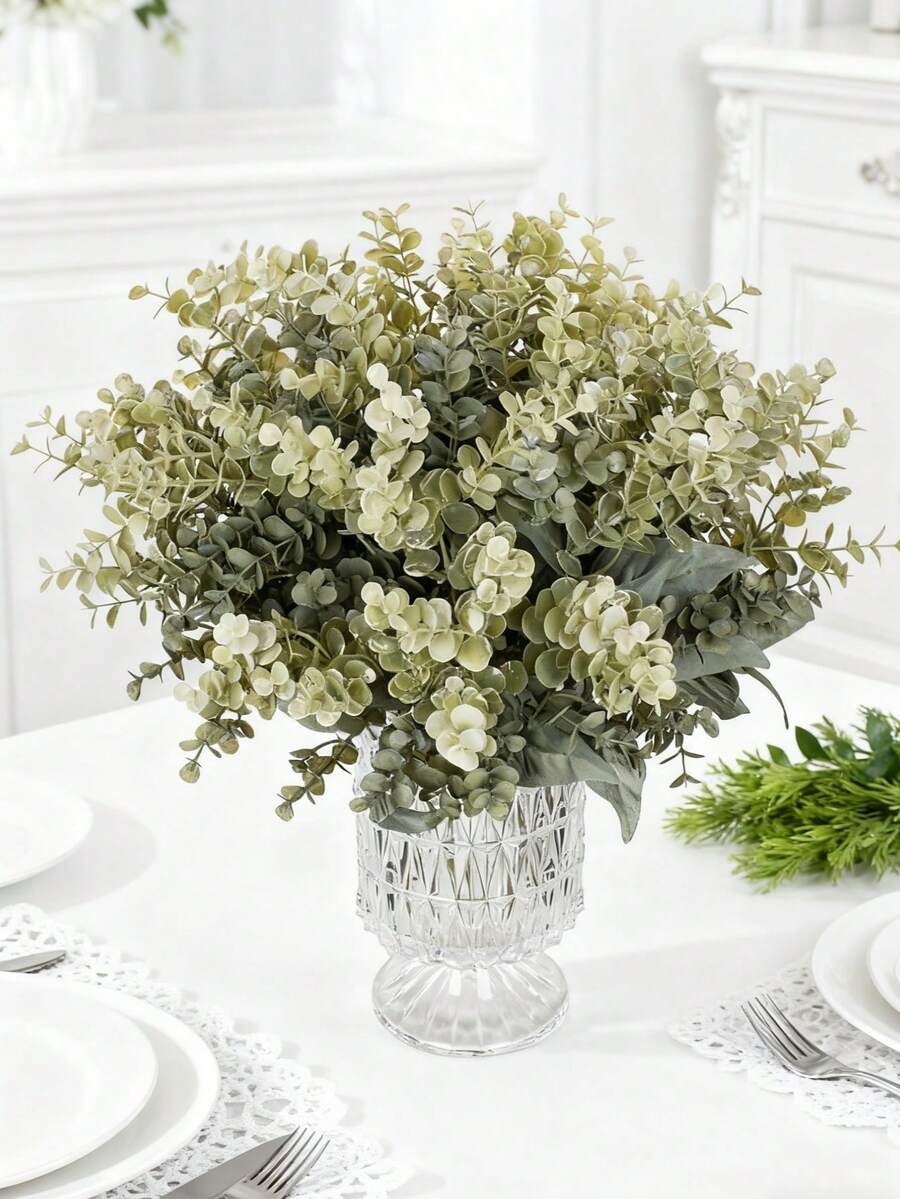 1pc High Quality Artificial Plant Plastic Bouquet, Eucalyptus Leaves, Spring Valentine's Day Gift, Birthday Party Decoration, Wedding Flower Basket, Bridal Bouquet, Home Decor, Restaurant, Bedroom, Windowsill, Vase Decoration, New Year Decoration, Outdoor Garden, Back To School Season - Gray-green - View 1