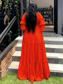 Plus Size Women's Tie Front Lotus Sleeve Solid Color Tiered Maxi Dress, Casual Vacation Style, Plus Size Outfit, Ins Vibe, Extra Voluminous Dress, Plus Size Clothing - Burnt Orange - View 3