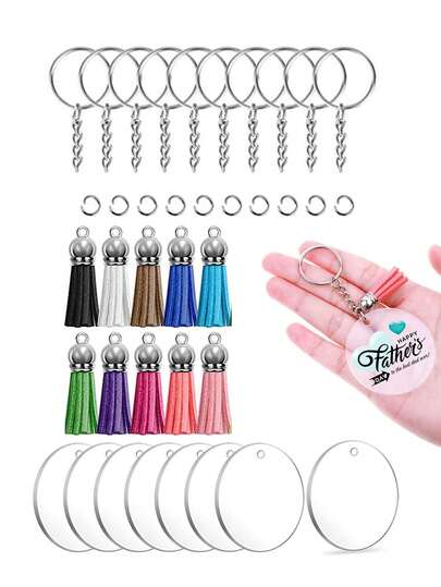 30个亚克力钥匙扣坯（随机流苏），透明空白钥匙扣套装，包含亚克力坯、钥匙扣流苏、钥匙扣夹、钥匙圈和开口环，适用于手工制作乙烯基项目和DIY用品，适合作为派对礼物、赠送朋友、家人和反馈礼物。