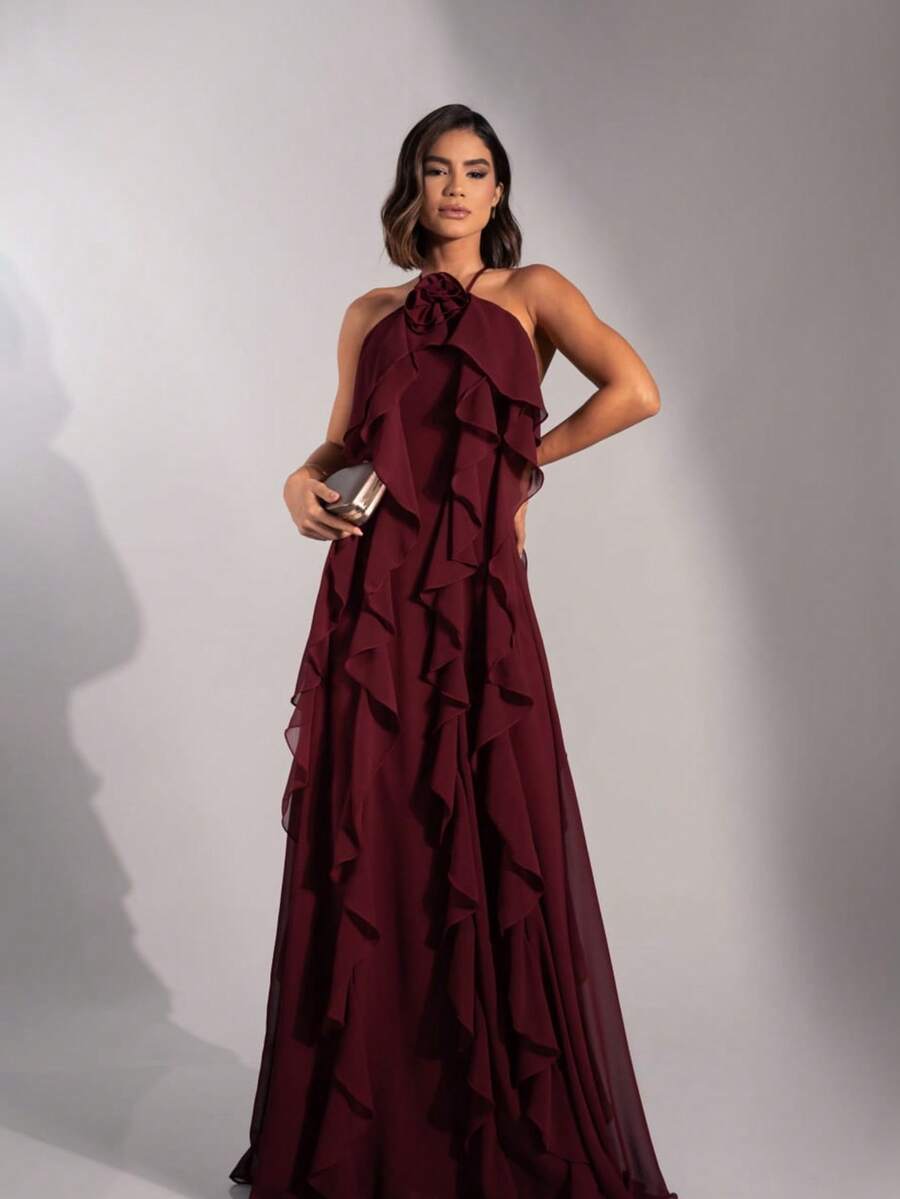 Elegant Long Party Dress With Ruffles And Floral Collar – Bridesmaid Style, Pleated Knot Hem With Ruffles, Wedding Dress - 紅木色 - 查看 1