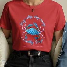 T-Shirt Feminina Caranguejo – Arte Azul e Rosa Estilo Verão - Vermelho - Visão 1