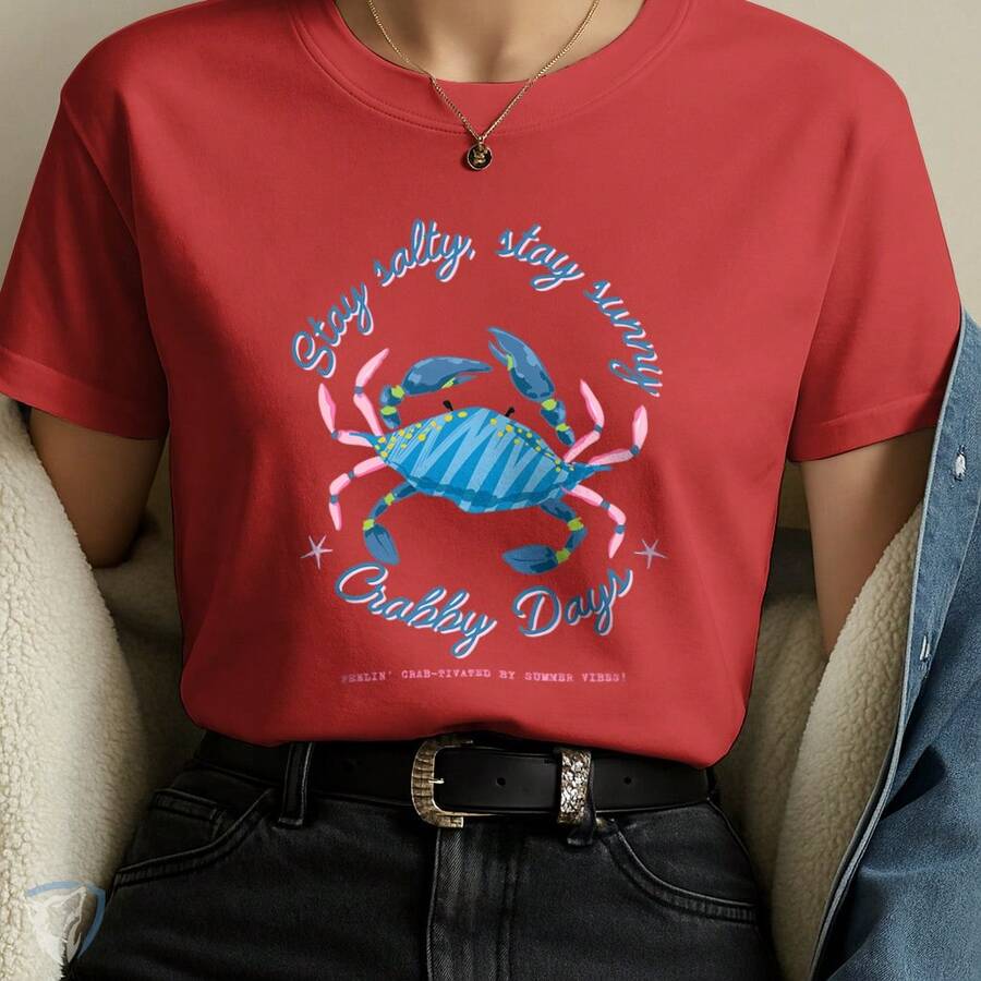 T-Shirt Feminina Caranguejo – Arte Azul e Rosa Estilo Verão - Vermelho - Visão 1