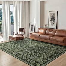 5x7 Vintage Area Rug For Living Room Bedroom, Machine Washable Non Slip Indoor Rug, Thin Throw Floral Low Pile Distressed Carpet For Office Nursery Dining Room Red/Blue, Modern Chic Design - 深綠色 - 查看 3