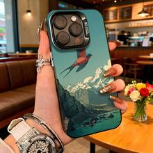 Cubierta de telefono con borde negro y diseño de montaña azul con ave volando y texto SO COOL para uso diario en cafeterias - Blanco - Ver 1