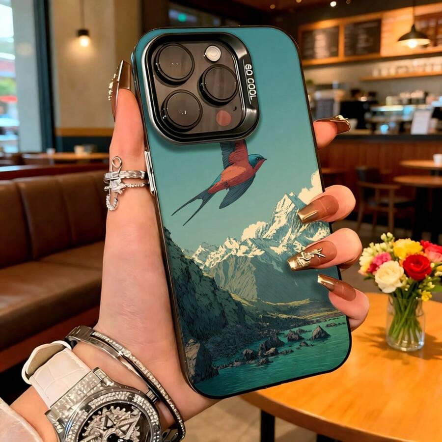 Cubierta de telefono con borde negro y diseño de montaña azul con ave volando y texto SO COOL para uso diario en cafeterias - Blanco - Ver 1