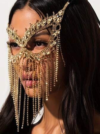 1pc Tassel & Rhinestone Decorated Mask, Glamorous For Banquet, Party, Ball Gown, Jewelry Accessory For Women