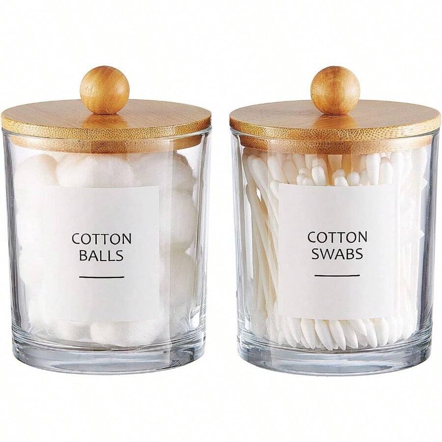 Glass Apothecary Jars With Bamboo Lids For Bathroom Organization Q Tip Holder And Cotton Ball Holder Are Great For Farmhouse Decor Rustic Bathroom Decor-2 Pack - Trong sáng - Xem 1