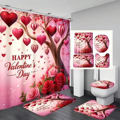 1pc/3pcs/4pcs Valentine's Day Romantic Love Tree Multifunctional Bathroom Decor Shower Curtain Set, Free 12pcs Hooks Included, Elegant Holiday Atmosphere, Bathroom Mat, U-Shaped Floor Mat And Round Toilet Mat, Suitable For All Scenarios Bathroom Set