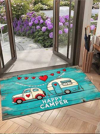 1 st. dekorativ dörrmatta med campingbil och husbilsdesign, entrématta för inomhus/utomhusbruk, ytterdörrmatta, alla hjärtans dag-hjärtdekorationsmatta, blå träådringsmatta, välkomstmatta för entrén - lämplig för heminredning, luktfri tjock dörrmatta, skoskrapmatta, lämplig för hem, badrum, kök, ytterdörr, vardagsrum, trappor, dörrmatta, matta, dörrmatta för året runt, juldekorationsmatta