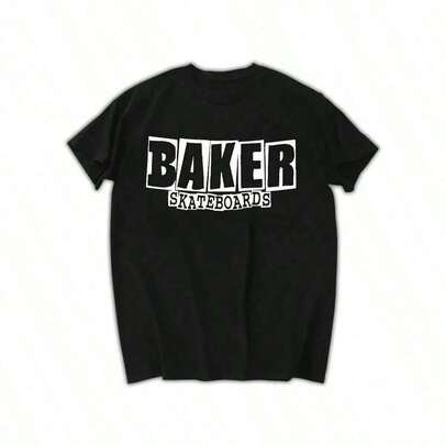BAKER SKATEBOARDS Camiseta de algodón con estampado gráfico para hombres - Ajuste suave y relajado, cuello redondo, manga corta, camiseta casual para todas las estaciones con letras negras en negrita (blanca), ropa de skateboarding, estilo de skateboard, ajuste cómodo, moda urbana, tela transpirable, jóvenes adultos SEQQ