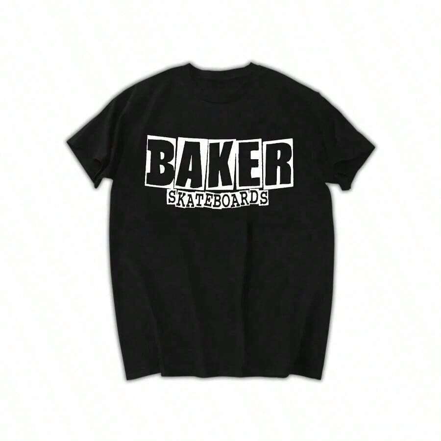 BAKER SKATEBOARDS Men's Graphic Print Cotton-Shirt - Soft Relaxed Fit Crew Neck Short Sleeve, All-Season Casual Tee With Bold Black Lettering (White), Skateboarding Apparel, Skateboard Style, Comfortable Fit, Streetwear Fashion, Urban Style, Breathable Fabric, Young Adults - Black - View 1