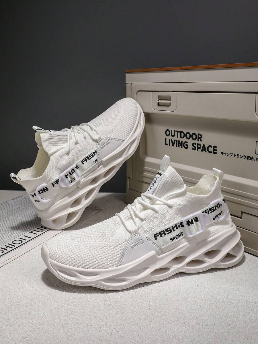 1 Pair Lightweight Elastic Breathable Running Shoes With Buckled Decorative Laces Front Lace-Up Sneakers, Random/Asymmetrical Pattern Woven Tape On Side