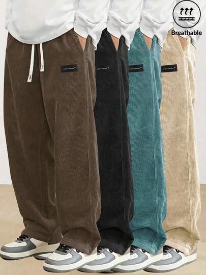 Men's Spring & Autumn Elastic Waist Corduroy Trousers, Drawstring Retro Straight Leg Casual Sweatpants