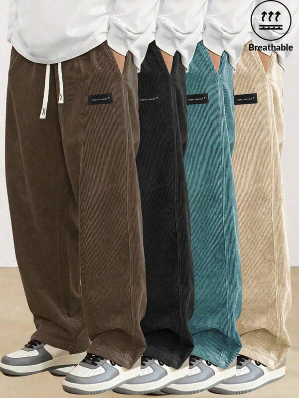 Men's Spring & Autumn Elastic Waist Corduroy Trousers, Drawstring Retro Straight Leg Casual Sweatpants