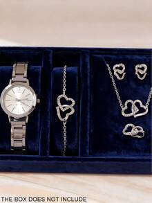 6pcs Compact And Elegant Women's Quartz Watches, Multi-Piece Set Of Ladies' Light Luxury Style Jewelry And Watches With Heart-Shaped Rhinestone Decorations. Metal Strap Watch Paired With Heart Bracelet, Necklace, Earrings, And Ring, Fully Showcasing A Sweet, Light Luxury Romantic Vibe. Comfortable To Wear, Suitable For Refined Everyday Commuting Outfits, Eye-Catching Looks For Dates And Shopping