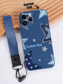 1pc Customizable Blue TPU Phone Case With Star Pattern, 1pc Blue Lanyard Clasp, Customized Text Phone Case, Suitable For Anniversary, Valentine's Day, Birthday, Wedding, Mother's Day, Father's Day, Best Friend Gifts, Gifts For Mom/Dad, Boyfriend/Girlfriend, Compatible With Apple/Android/ Phones - Multicolor - View 3