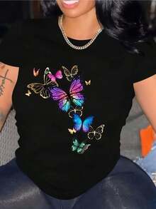 Camiseta Casual Gráfica Feminina de Manga Curta, Decote Redondo, Preta com Design Colorido.