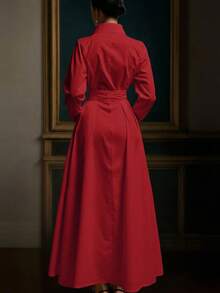 Vusalt 女士春季梭织长袖优雅通勤风系带衬衫裙，白色，适合优雅派对、情人节装扮、婚礼宾客礼服、生日礼服、外出游玩、优雅连衣裙、休闲长裙、白色连衣裙 - 紅色 - 查看 2