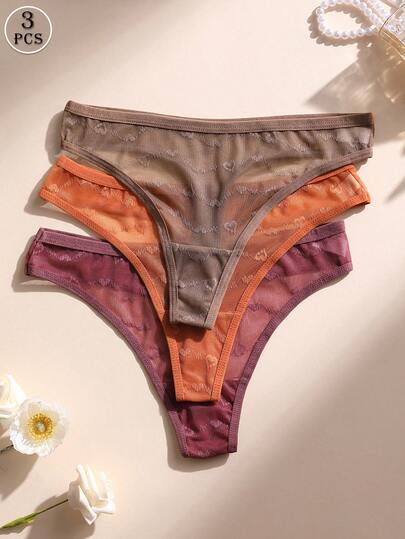 3 PCS Sexy Low Waist Seamless Thong Lace Hollow Out Women's Panties Heart Solid Color Romantic Lingerie Soft Comfortable & Breathable Underwear For Yoga, Sports And Daily Wear