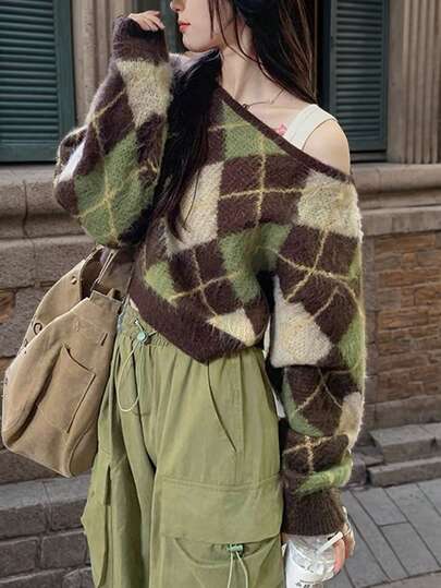 JIANHU Nuevo suéter vintage a cuadros de primavera, diseño casual suelto off-shoulder, Top de punto suave y cómoda, versátil y estilizada, elegante moda femenina