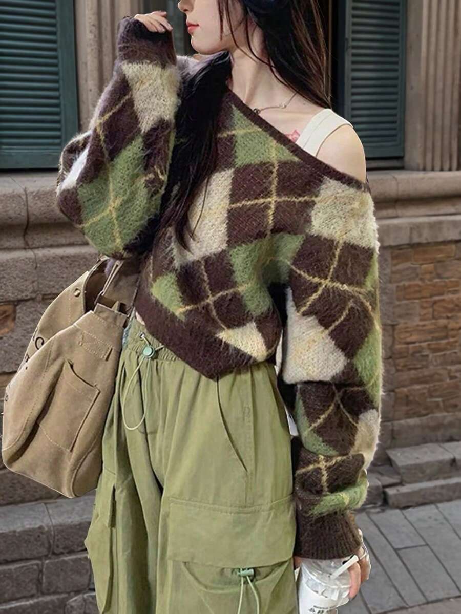 JIANHU Áo len kẻ caro cổ điển mùa xuân mới, thiết kế giản dị hở vai rộng rãi, áo dệt kim mềm mại và thoải mái, thời trang thanh lịch, thon gọn cho nữ - màu xanh lá - Xem 1