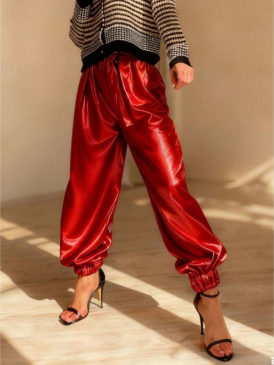 Metallic Cargo Pants With Pocket For Girls Hip Hop Glitter Pants Y2k Dancing Shiny Pants Streetwear Back School - 紅色 - 查看 1