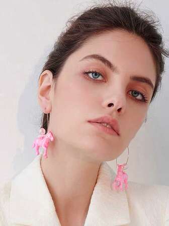 1对卡通粉色珠光独角兽糖果色树脂小马吊坠耳环