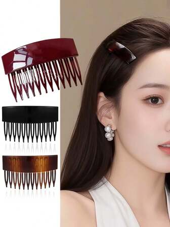3 件装法式侧梳，3 种颜色，每款均为弧形法式扭结发梳，装饰性防滑造型女孩发饰，小玳瑁纹，法式扭结发梳，装饰性强力发夹，适用于女士发髻、盘发造型，头饰