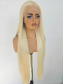 180% Density 13x4 Lace Front Wig, Synthetic Hair, Golden Blonde, Natural Straight, High Quality Heat Resistant Fiber, Pre-Plucked, Glueless, Full Wig For Women - Multicolor - View 7