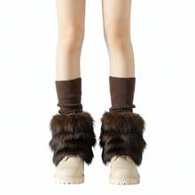 Women's Winter Knit Leg Warmers Solid Color Ribbed Furry Patchwork Casual Scrunch Leg Socks Boot Socks - Brown - View 6