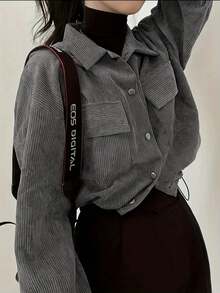 大码女式翻领长袖飞行员夹克，短款梭织面料，无弹力，常规下摆 - 灰色 - 查看 1