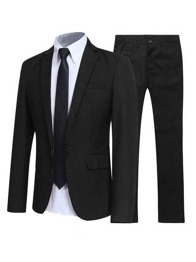 2pcs Men's Fashionable Black Suit, Gentleman's Outdoor Formal Wear, Solid Color Tuxedo Suit For Wedding & Formal Events