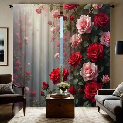 2 pièces Rideaux numériques haute définition, entourés de roses rouges et roses dans une brume floue, créant une atmosphère. Rideaux décoratifs dans le style de la décoration de maison de vacances, avec des rideaux à pôle pour les salons et les chambres à coucher, et des rideaux en polyester pour les chambres à coucher et les salles d'étude