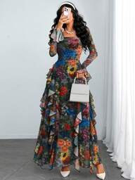 Women's Legant Sexy Modern And Gorgeous Long Sleeve Y2K Romantic Pleated Two-Layer Print Dress