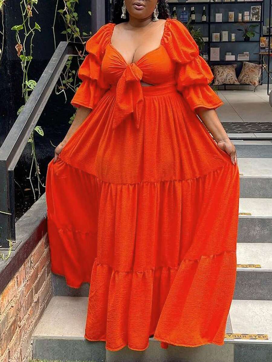Plus Size Women's Tie Front Lotus Sleeve Solid Color Tiered Maxi Dress, Casual Vacation Style, Plus Size Outfit, Ins Vibe, Extra Voluminous Dress, Plus Size Clothing - Burnt Orange - View 1