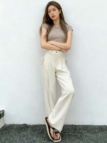 Casual Plain Color Straight High-Waist Slim Loose Suit Pants - Apricot - View 6