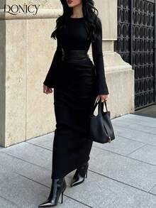 DONICY Damen einfarbiges lang geschnittenes Lässig Kleid mit schmalem Schnitt und Rundhalsausschnitt, geeignet für Zuhause, Lässig, Ausflüge, Fotografie und Einkaufen