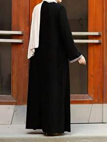 Women's Long Sleeve Arabic Style Dress, Round Neck, Ruffle Cuff, Woven Fabric - Black - View 2