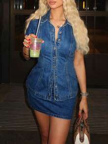 女式性感修身腰牛仔短袖上衣 - 深色水洗藍 - 查看 7