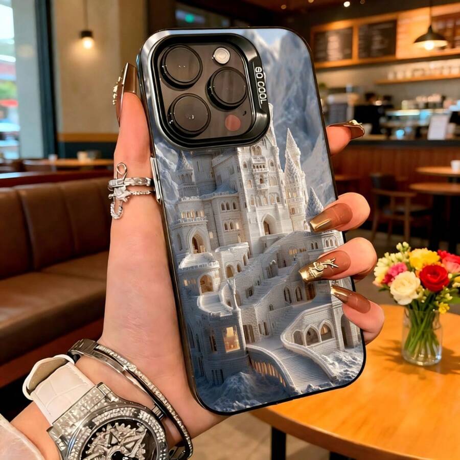 Cubierta de telefono con diseño de castillo nevado blanco y azul para iPhone 14 Pro Max funda protectora con impresion de arquitectura fantastica ideal para uso diario en cafeterias y salas de estar - Negro - Ver 1