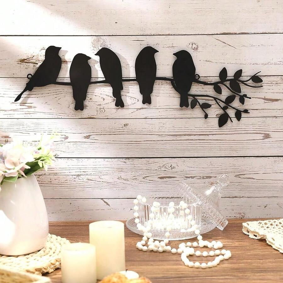 Ferraycle Metal Bird Wall Art - Birds On Branch With Leaves - Metal Sculpture Wall Hanging Sign For Balcony, Garden, Home Decor(Black),Black - Black - 查看 1